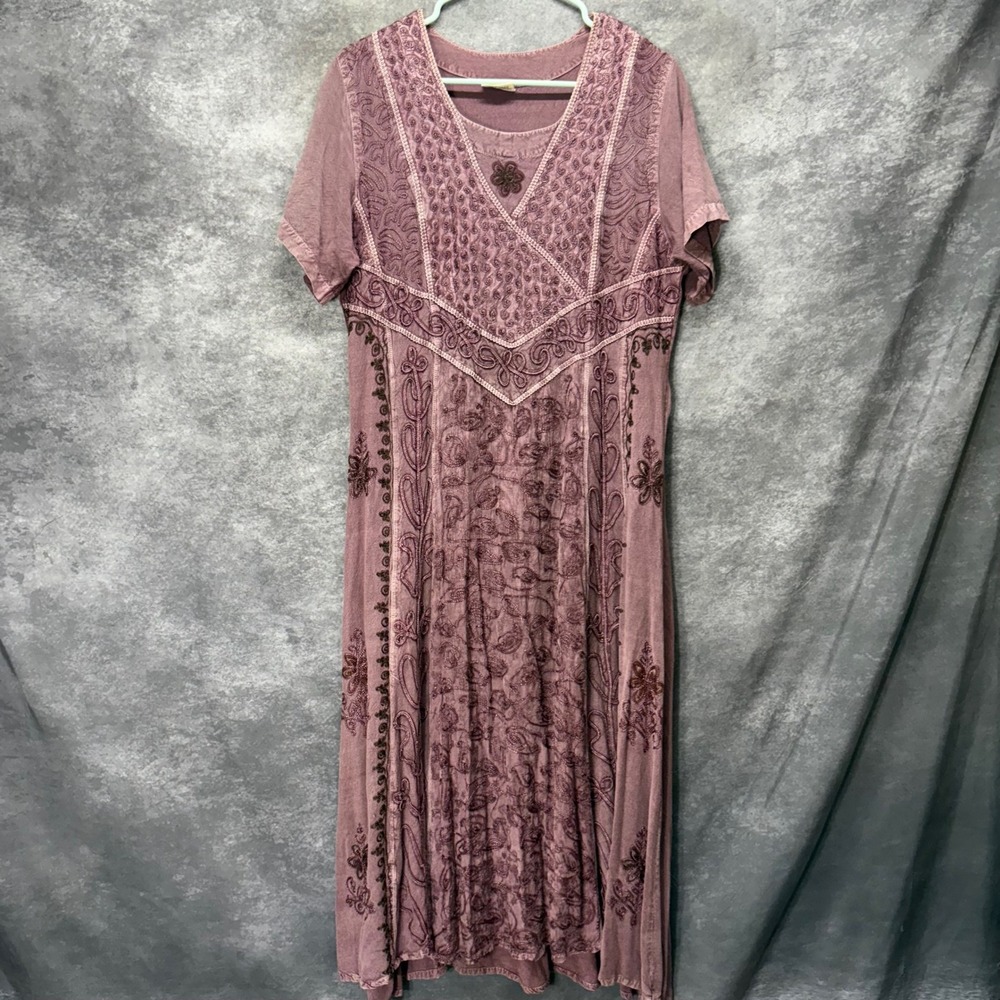 VTG Y2K Magic India Boho Embroidered Maxi Dress Mauve Pink Free Size Tie Back